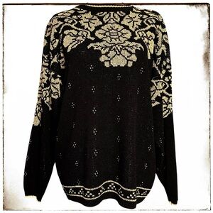 JJ Browne Sweater L Knit Florall Gold Lame Vintage